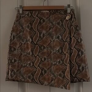 Snake Print Wrap Mini Skirt in Brown